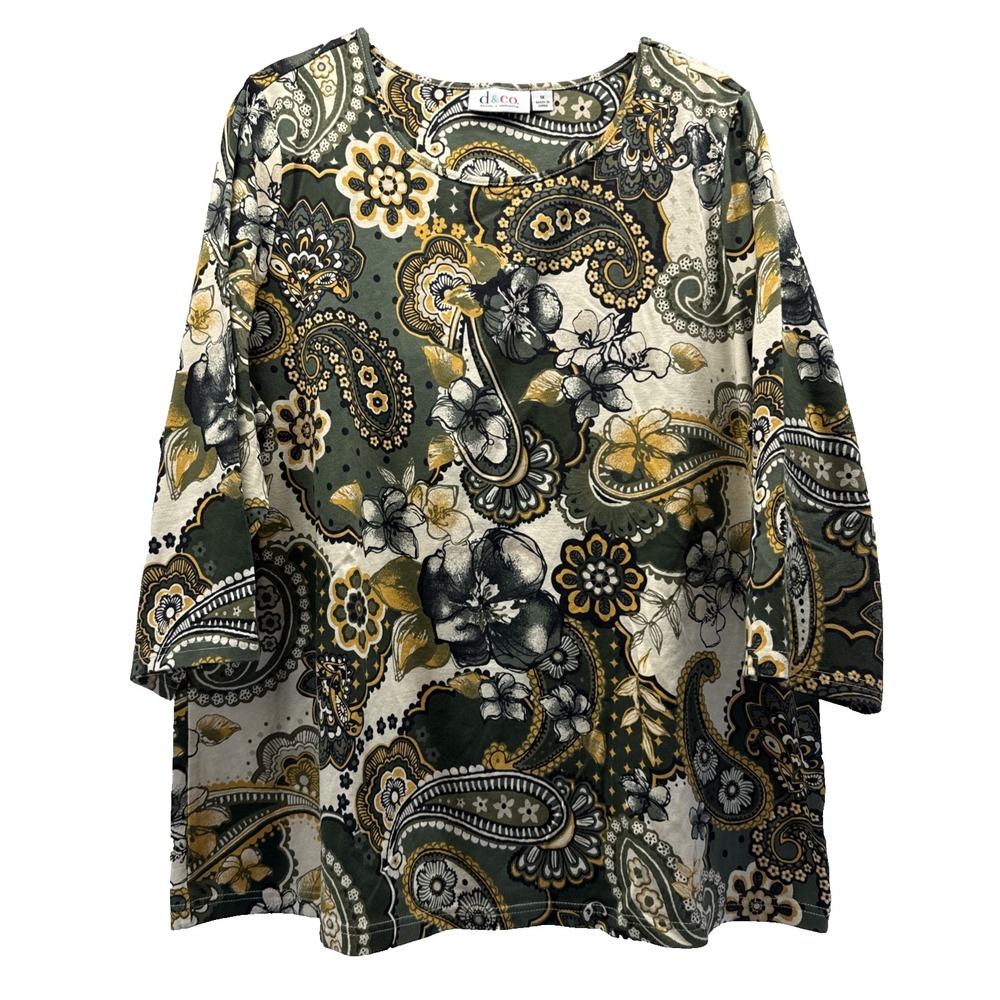 Denim & Co Women's Top Sz 1X Plus Green Yellow Paisley Artsy 3/4 Sleeve Pullover
